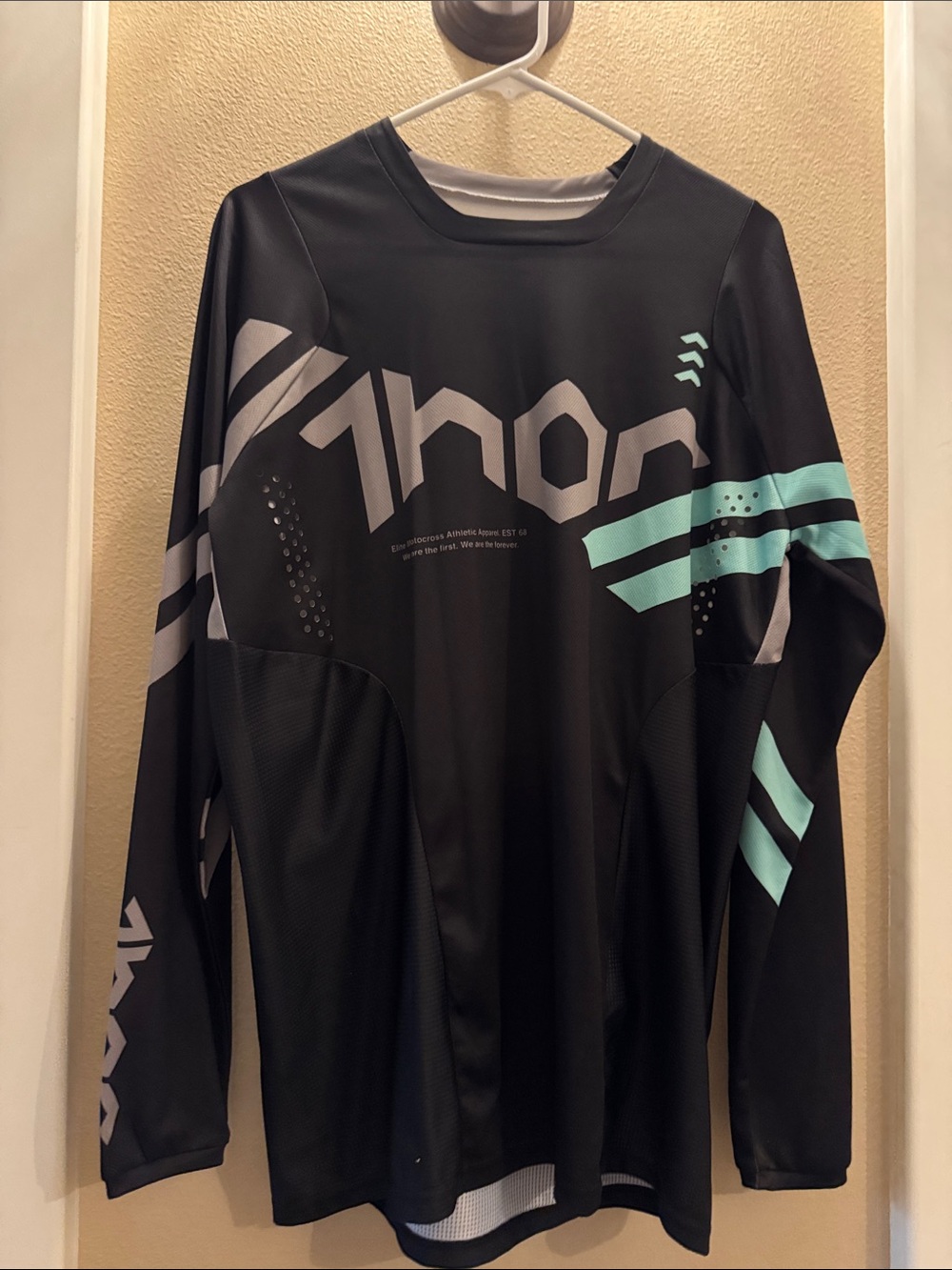 thor dirt bike brand black Long Sleeve Shirt with Gray and Teal Graphics
